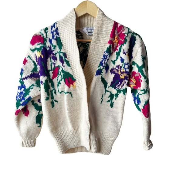 J. Christopher Sweaters - Vintage J.Christopher Floral Art Chunky Wool Granny Cardigan Sweater Size Small
